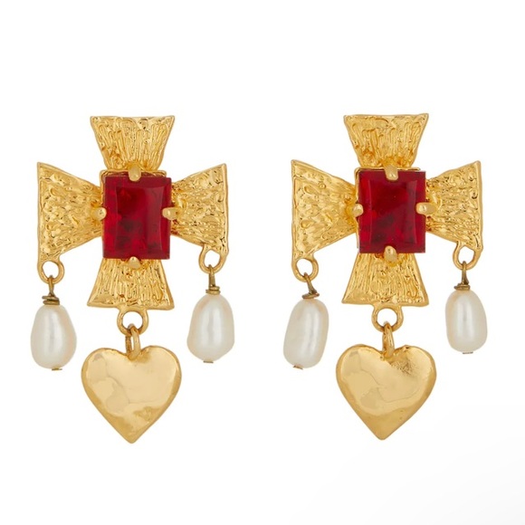 18k Plated | Cross | Heart Motif | Colored Glass Stones Cultured Pearl Drops NIB - Picture 2 of 15